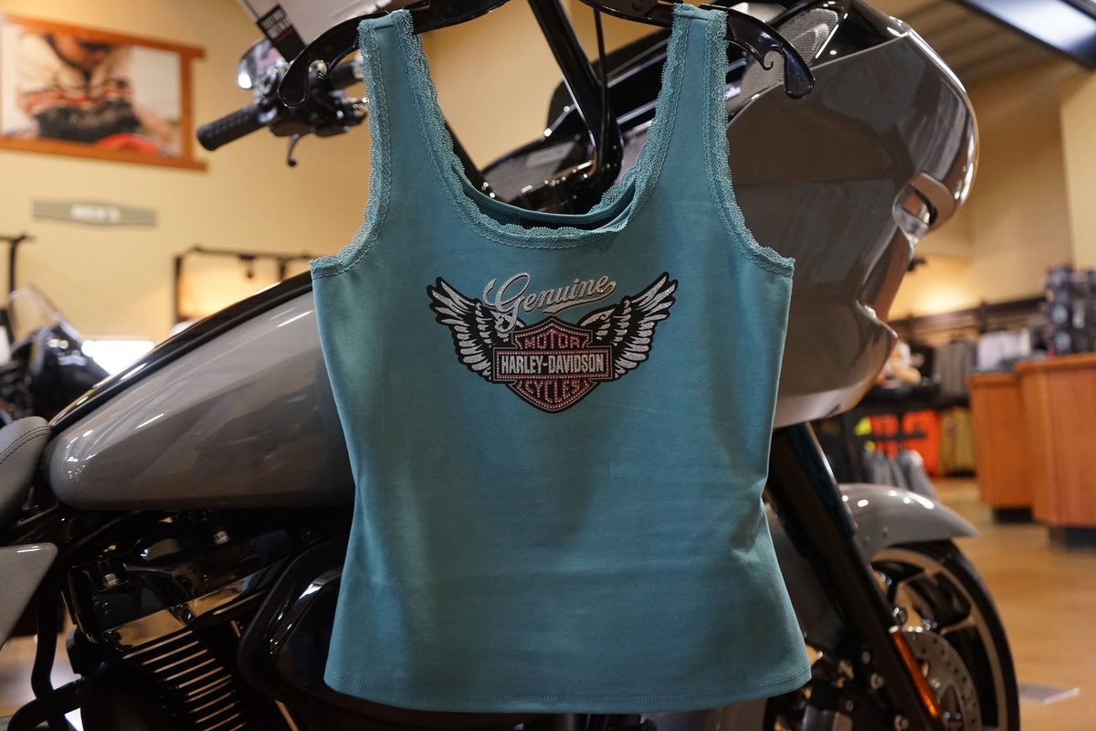 Women's Winged Bling Lace Tank - Rustic Teal